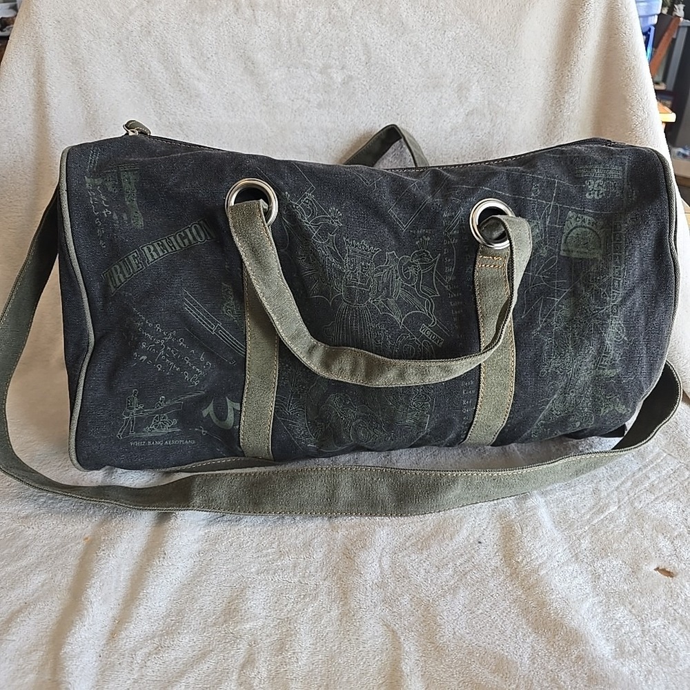 True Religion Brand Jeans Duffle Bag Dark Gray Style W/green Handles